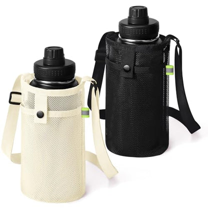BINSUNS 2 Pcs Large Water Bottle Bag with Strap, Mesh Water Bottle Carrier Holder Crossbody Water Sling Bag Shoulder Strap and Pocket - Walking Sports Hiking Camping (Black+Beige) - color: Black+Beige, size: 2 Pcs-Large