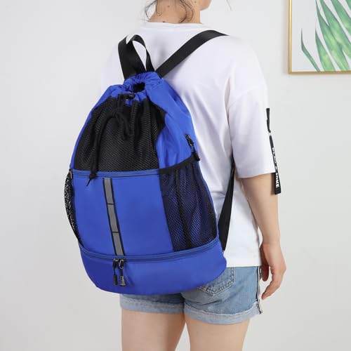 Valleycomfy Drawstring Gym Bag Sports Backpack With Shoe Compartment and Reflective Strips Royal Blue - color: Royal Blue