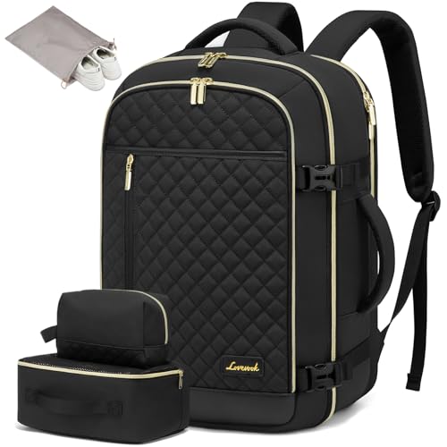 LOVEVOOK Travel Backpack for Women, Carry on Backpack for Airplanes,TSA Personal Item Travel Bag fits 15.6" Laptop,Travel Essentials Carry On Bag Flight Approved with 3 Packing Cubes - color: Black, size: 15.6inch - 4Pcs