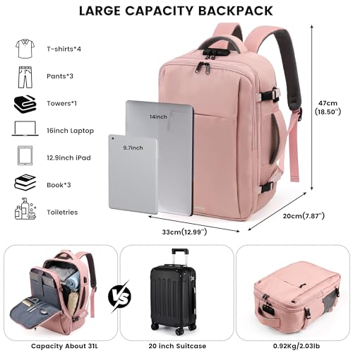 TANTOMI Travel Backpack for Women, Carry On Backpack with Wet-Dry Separation Compartment, TSA-Compliant Laptop Backpack, Personal Item Travel Bag with Anti-Theft Lock for Weekender (Pink) - color: 2-pink