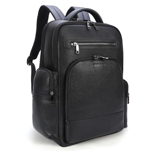 Masa Kawa Black Leather Business Travel Laptop Backpack for Men Fits 15.6" 16" Computer Office Work Commuting Executive Bag Waterproof Daypack
