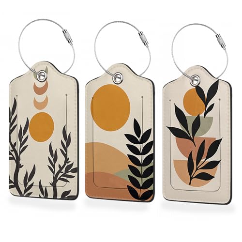 Set of 3 Luggage Tags,Abstract Minimalist Botanical Painting Leather Suitcases Tag Identifiers with Privacy Name Address Labels & Durable Steel Loop for Women Men Travel - color: Abstract Minimalist Botanical Painting