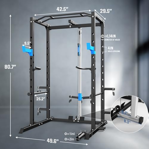 ULTRA FUEGO Power Cage, Multi-Functional Power Rack with J-Hooks, Dip Handles, Landmine Attachment and Optional Cable Pulley System for Home Gym - size: Power Cage with Pulley System and Flat Bench