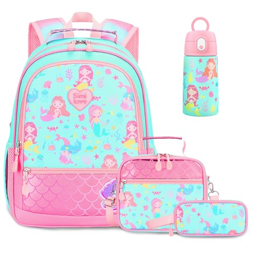 Kids Backpack for Girls 5-8, 4PCS Toddler Backpack with 13oz Kids Insulated Water Bottle, Lunch Box and Pencil Case, Girls Bookbag Schoolbag for Primary Kindergarten Elementary School - color: Green Mermaid