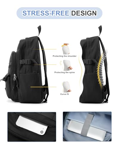 Aesthetic Black School Backpack for Women Men College Backpack With Lots Of Pockets Waterproof Travel Casual Daypack Cute Bookbag For Teens Girls Boys High School Bag - color: B1-black