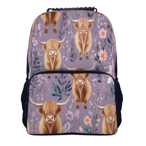 Supdreamc Daypack Polyester Anti-Theft Multipurpose Highland Cow Pink Flowers Art Bookbag Big Capacity Gym Outdoor Hiking Backpack With Adjustable Shoulder Straps - color: Pattern 424