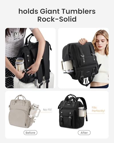 LOVEVOOK Laptop Backpack for Women with Giant Tumbler Holder Pocket,15.6 inch Waterproof Travel Backpack Purse Computer Laptop Bag - color: Black-black, size: 15.6 Inch Cup