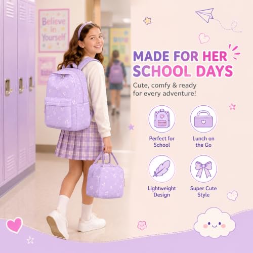 BTOOP School Backpacks for Teen Girls Bookbags Lightweight Kids Backpack School Bags Set with Lunch Box Pencil Case - color: Purple
