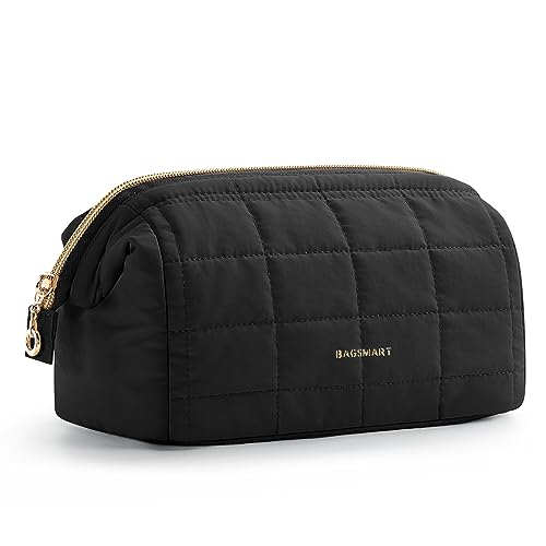 BAGSMART Makeup Bag Travel Toiletry Bag, Puffy Padded Make Up Bags for Women Makeup Organizer Case, Wide-open Pouch Purse Travel Essentials Toiletries Accessories Brushes, Black - color: 05-Black