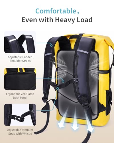 ECOHUB Waterproof Backpack for Women Men, 30L Roll-Top Closure Heavy Duty Dry Bag for Travel with IPX8 Waterproof Phone Case - color: Yellow