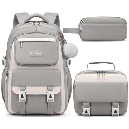 Makukke School Backpack for Girls Book Bag Set, School Bag for Teens Girls Kid Children Elementary Middle School Student, Waterproof Gray Backpack - color: Gray