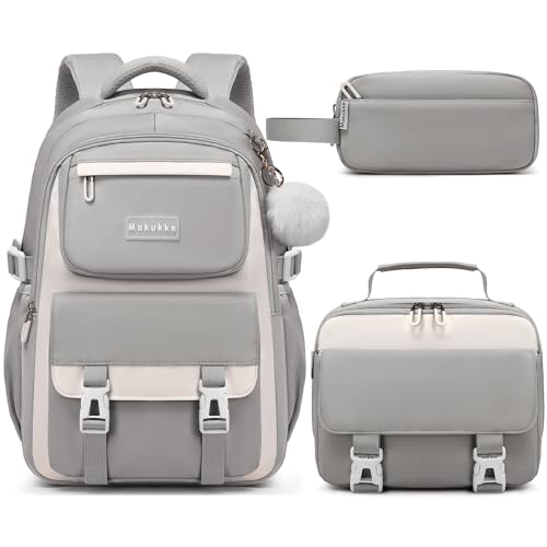 Makukke School Backpack for Girls Book Bag Set, School Bag for Teens Girls Kid Children Elementary Middle School Student, Waterproof Gray Backpack - color: Gray