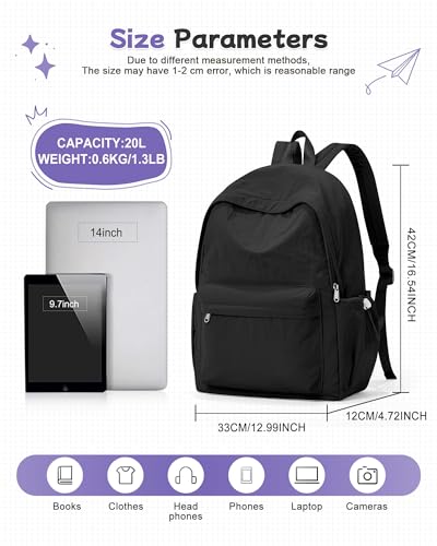 Black Backpack for School, High School Bookbag Back Pack for Teens Girls Boys, Lightweight College Backpack Book Bag for Women Men, Simple Casual Daypack Backpack Mochilas Escolares para Adolescentes - color: Black