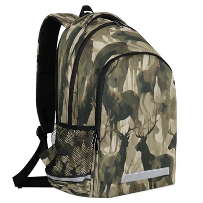 Camouflage Deers Backpack with Chest Strap Reflective Lightweight Travel Hiking Backpack for Men Women Waterproof Daypack Back Pack for Commute Camping