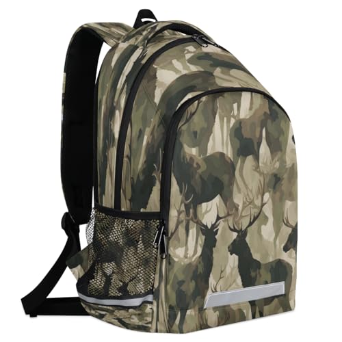 Camouflage Deers Backpack with Chest Strap Reflective Lightweight Travel Hiking Backpack for Men Women Waterproof Daypack Back Pack for Commute Camping