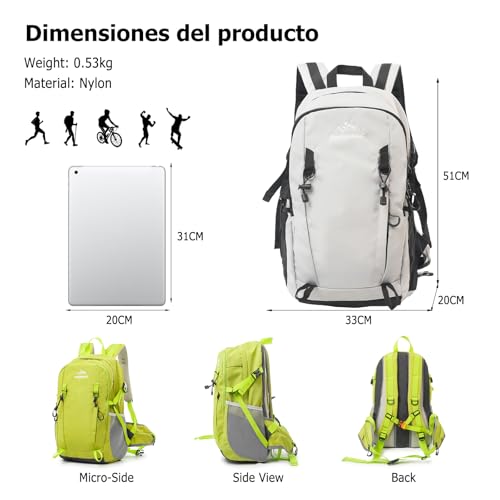 30L Hiking Backpack with Hydration Compartment Water Resistant Outdoor Daypack with Breathable Back System Rucksack for Camping Travel Daily Use Light Grey - color: Light Grey