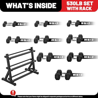 PAPABABE Hex Dumbbell Set with Rack, Rubber Encased Free Weight with Weight Storage Racks, Multiple Weight Options for Home Gym and Fitness - style: 530LB with 3-Tier Weight Rack