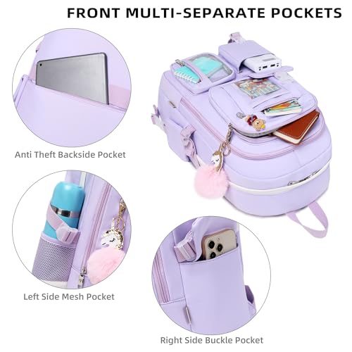 LXYGD Backpack for Girls with Accessories Laptop Bookbags 16 Inch Kawaii Kids Elementary Middle High School Bag College Travel Daypack Gifts for Teens Women Students (Purple) - color: Purple