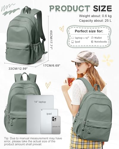 BJLFS Green Cute School Backpack with Laptop Compartment Small Travel Laptop Backpack for Women Men Waterproof College Backpack Simple School Bag for Teens Girls Boys - color: A0-green
