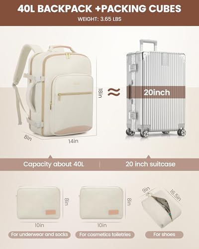 LOVEVOOK 40L Travel Backpack Flight Approved Carry on Backpack,3 Packing Cubes,Waterproof Personal Item Travel Bag,TSA Carry on Luggage Suitcase Travel Essentials,Gifts for Women & Men,fits 17" Laptop - color: Beige-flesh Beige, size: Large-40L-4Pcs