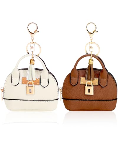 2 pcs Cute Mini Cosmetic Bag for Women PU Leather Backpack Keychain Makeup Bag Key Pocket Lipstick Bag Card Holder Data Cable Organizer Zipper Pouch (Handbag, White + Brown) - color: White + Brown