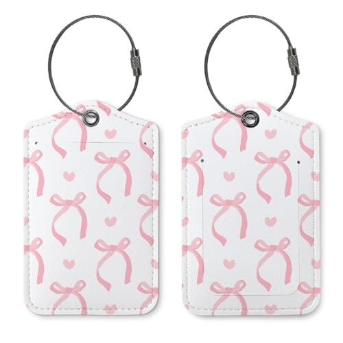 Coquette Pink Bow Luggage Tags for Suitcases 2 Pack, Cute Pink Bow Heart Pattern PU Leather Bag Tag with Privacy Cover Stainless Steel Loop, Travel Gifts for Women Teen Girls - color: Pink Bow