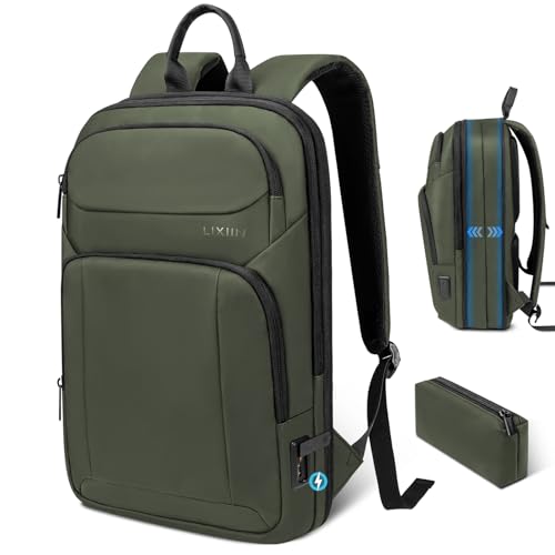 Backpack for Men Slim & Expandable Travel Laptop Backpack with USB Charging Port Water Resistant Anti-Theft Business Backpack Fits 15.6In Laptop for Commute Work College with Small Bag(Olive Green) - color: Olive Green, size: 15.6”