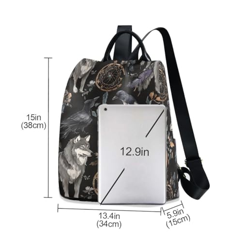 ALAZA Watercolor Black Raven and Wolf Boho Backpack Purse with Adjustable Straps - color: Multi 6