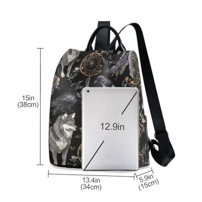 ALAZA Watercolor Black Raven and Wolf Boho Backpack Purse with Adjustable Straps - color: Multi 6