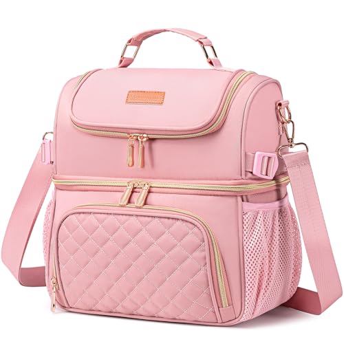 Lunch Bags for Women, Dual Compartment Lunch Box Lunch Bag for Work, Leakproof Lunch Cooler Large Insulated Lunchbox for Adult for Women Men, Lunchbag for Picnic Beach (Pink) - color: Pink