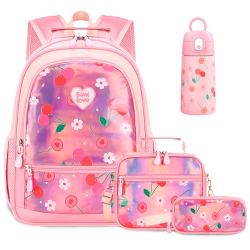 Kids Backpack for Girls 5-8, 4PCS Toddler Backpack with 13oz Kids Insulated Water Bottle, Lunch Box and Pencil Case, Girls Bookbag Schoolbag for Primary Kindergarten Elementary School - color: Pink Red Cherry