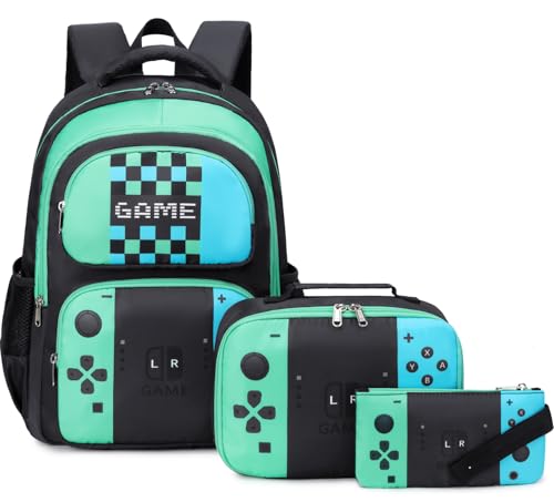 JIANYA School Backpack for Boys and Girls Elementary Children's School Bag Kids Backpack with Lunch Box - color: Gamer/ Green