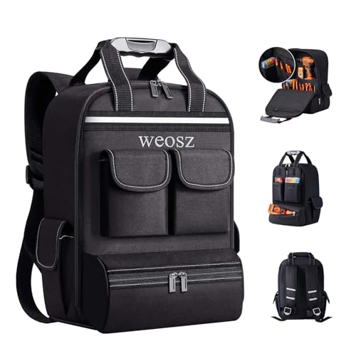 Tool Backpack for Men 18 Inch Heavy Duty Waterproof Multiple Pockets Tool Bag Organizer with Shoulder for Electrician Mechanics HVAC Engineer - color: Black