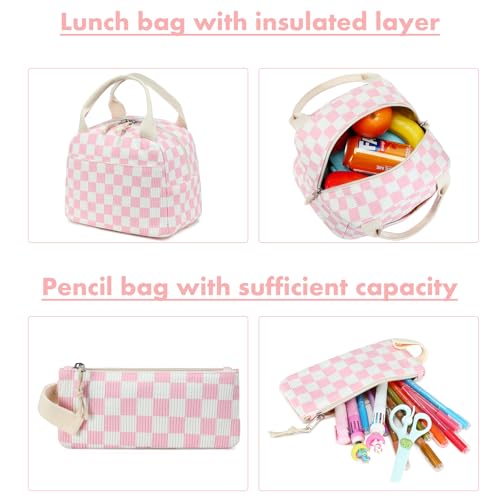 Bluboon School Backpack Set Girls Womens Laptop Bookbag Casual Daypack Fits 15 inch Laptop with Lunch Tote Bag and Pencil Bag - color: Pink Checked-3