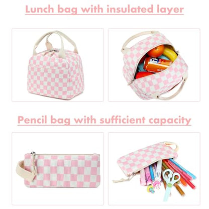 Bluboon School Backpack Set Girls Womens Laptop Bookbag Casual Daypack Fits 15 inch Laptop with Lunch Tote Bag and Pencil Bag - color: Pink Checked-3