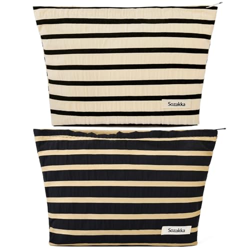 SOIDRAM 2 Pieces Makeup Bag Large Stripe Cosmetic Bag Capacity Canvas Travel Toiletry Bag Organizer Cute Makeup Brushes Aesthetic Accessories Storage Bag for Women, Stripe L Black White - color: Black& white stripe
