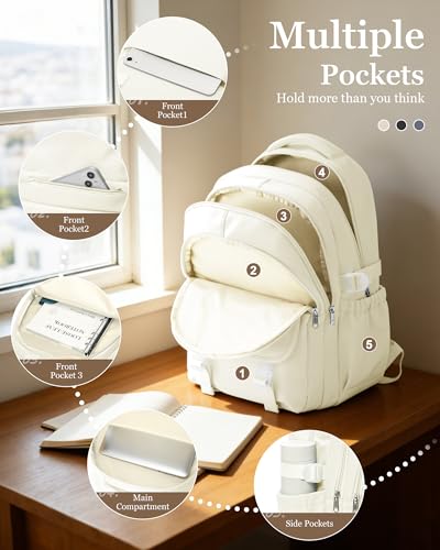 Waterproof Aesthetic Backpack For School, Cute High School Bookbag For Teen Girls Boys, Lightweight Casual Daypack Backpack For Women Men, College Backpack With Lots Of Pockets（Beige） - color: Beige