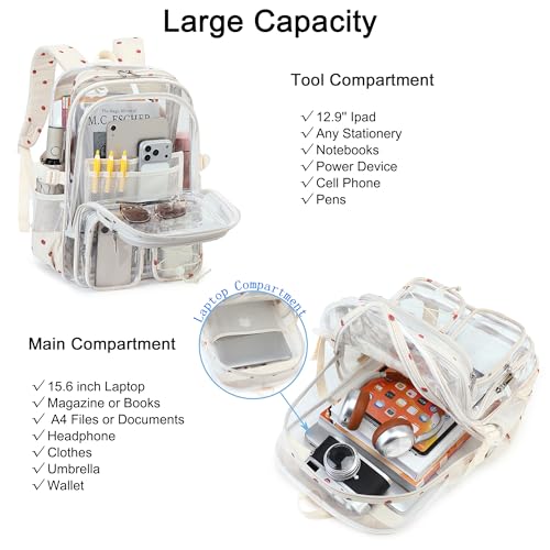 Hidds Clear Backpack for Girls Women Transparent Heavy Duty Bookbag Kids See Through Bag College Backpacks School (Beige Strawberry) - color: Beige Strawberry