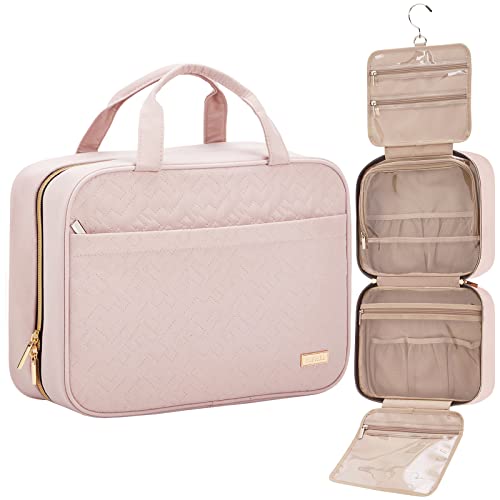 NISHEL Travel Toiletry Bag for women, Portable Hanging Organizer for Full-Sized Shampoo, Conditioner, Brushes Set, Makeup Accessories, Large Size, Pink - color: Pink, size: Large