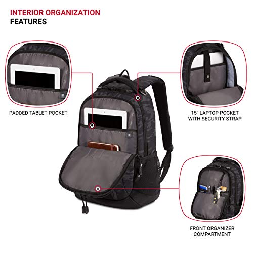 SWISSGEAR Cecil Laptop Backpack, Fits Most 16-Inch Laptops, Three-Compartment Design, Airflow Back Panel, Black, 27.3L, 18-Inch - color: Black Cod/Camo