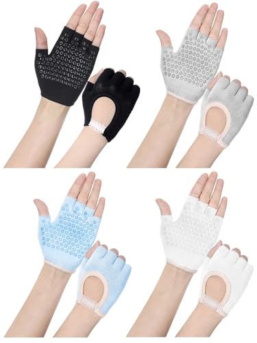Fourluoo 4 Pairs Pilates Gloves with Grips for Women Non Slip Cotton Fingerless Silicone Yoga Gloves for Gym Exercise Workout Weight Training Mitten Fits Women Men - color: White, Black, Light Blue, Gray
