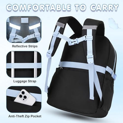GeeWin Girls Backpack for School with Lunch Box & Pencil Case Set, 17 Inch Waterproof Cute Bow Girls Bookbag for Kids, Teens, Elementary Middle High College School Student (Black/Blue) - color: Black Blue