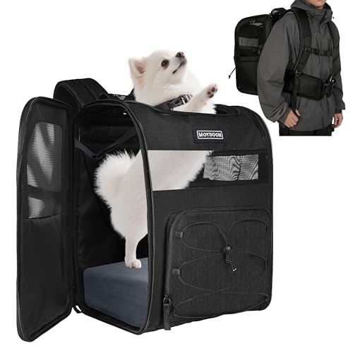 Hiking Dog Carrier Backpack, Padded Height-Enhancing Design, Adjustable Waist Cushioning Belt with Breathable Padded Back Support, Dog Carrier Backpack for Small Dogs Max 13LB Black with Pad - color: Black