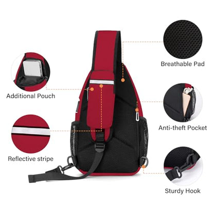 MOSISO Sling Backpack Bag, Crossbody Shoulder Bag Travel Hiking Daypack Chest Bag with Front Square Pocket&USB Charging Port - color: Red