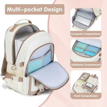 ACESAK Backpack for Girls - Bookbag Backpacks Schoolbag for Girls Kids Teen Women Casual Travel Daypacks - School Bag Elementary Middle School College Cute Backpack with Lunch Box (Khaki White) - color: Khaki White