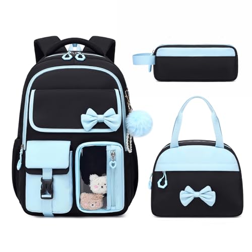 Girls Backpack, School Backpack for Girls, Cute Bow Kids Bookbag for Grils Children Teens for Elementary Middle High School Student, Back To School, Black Blue 3pcs - color: Black Blue-3pcs