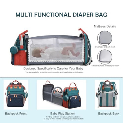 Diaper Bag Backpack with Changing Station, Waterproof for Travel, RGB - color: Green-blue-red