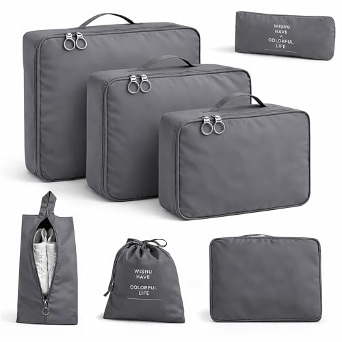 7 Set Packing Cubes For Travel | Luggage Organizer Bags With Shoe, Laundry Bag, Accessory Pouch And Lingerie Bag | Durable And Space Saving Suitcase Organizer For Travel Essentials | Grey - color: Grey