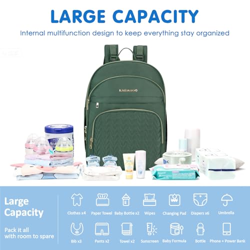 KABAQOO Baby Diaper Bag Backpack, Waterproof Diaper Backpack for Mom & Dad with Changing Pad, Insulated Pockets and Stroller Straps, Baby Shower Gifts for Girls & Boys, Sage - color: Sage