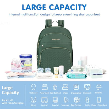 KABAQOO Baby Diaper Bag Backpack, Waterproof Diaper Backpack for Mom & Dad with Changing Pad, Insulated Pockets and Stroller Straps, Baby Shower Gifts for Girls & Boys, Sage - color: Sage